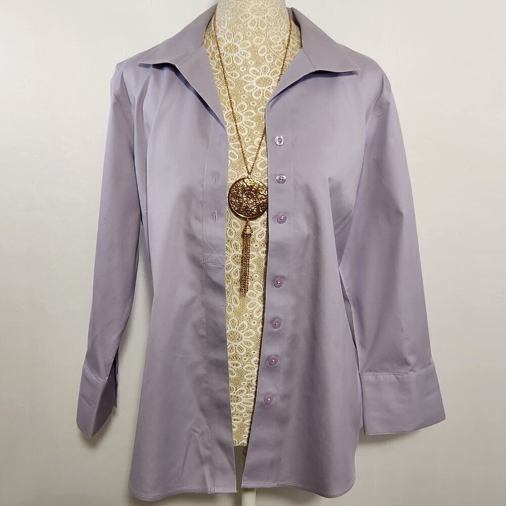 Chico's Women's Size 0/4-6 Lavender Non Iron Stretch 3/4 Sleeve Button Up Shirt - Picture 12 of 15